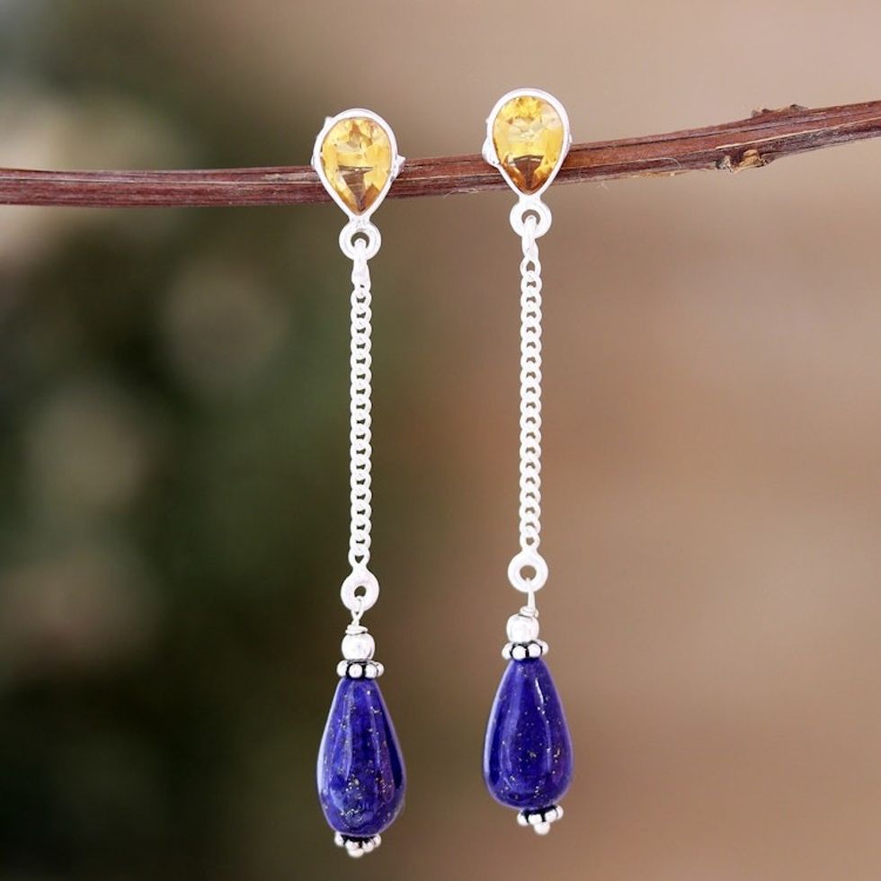 Polished Dangle Earrings with Citrine and Lapis Lazuli Gems 'Real Prosperity'