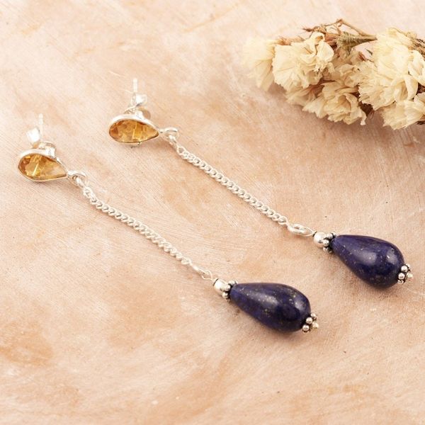 Alternate image for Polished Dangle Earrings with Citrine and Lapis Lazuli Gems Real Prosperity