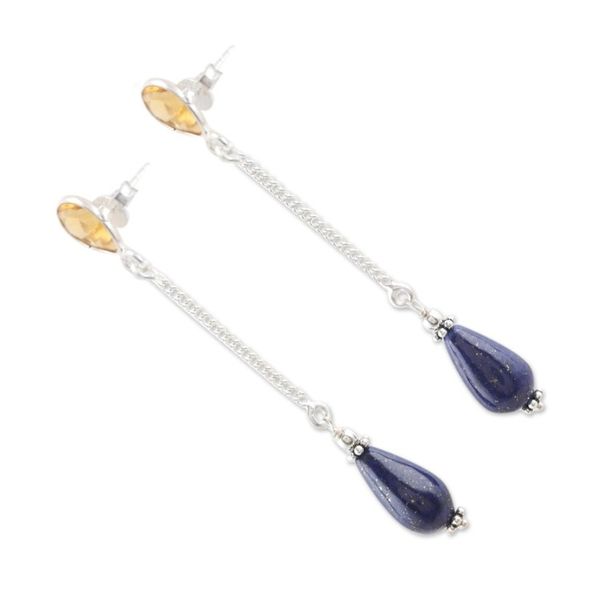 Alternate image for Polished Dangle Earrings with Citrine and Lapis Lazuli Gems Real Prosperity