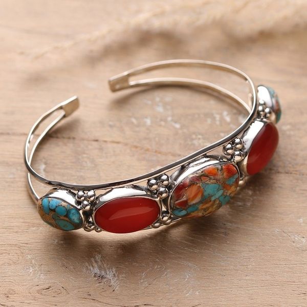 Alternate image for Reconstituted Turquoise Carnelian Silver Cuff Bracelet Lively Allure