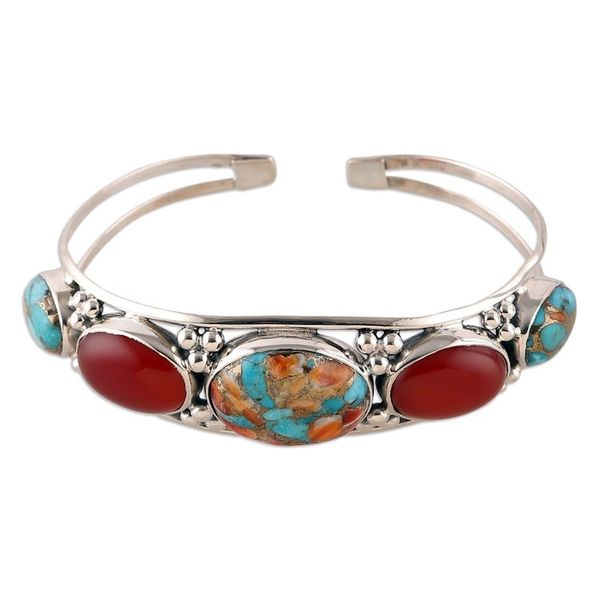 Alternate image for Reconstituted Turquoise Carnelian Silver Cuff Bracelet Lively Allure