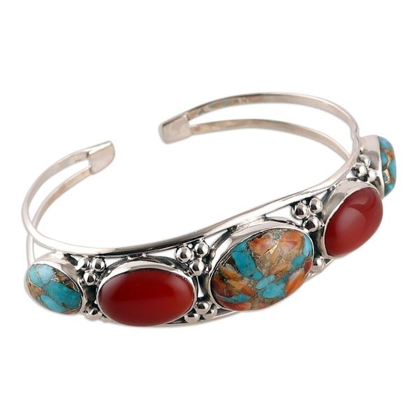 Alternate image for Reconstituted Turquoise Carnelian Silver Cuff Bracelet Lively Allure
