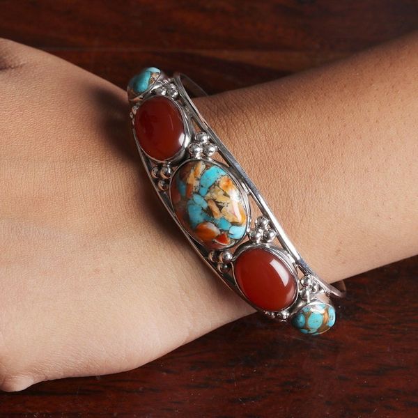 Alternate image for Reconstituted Turquoise Carnelian Silver Cuff Bracelet Lively Allure