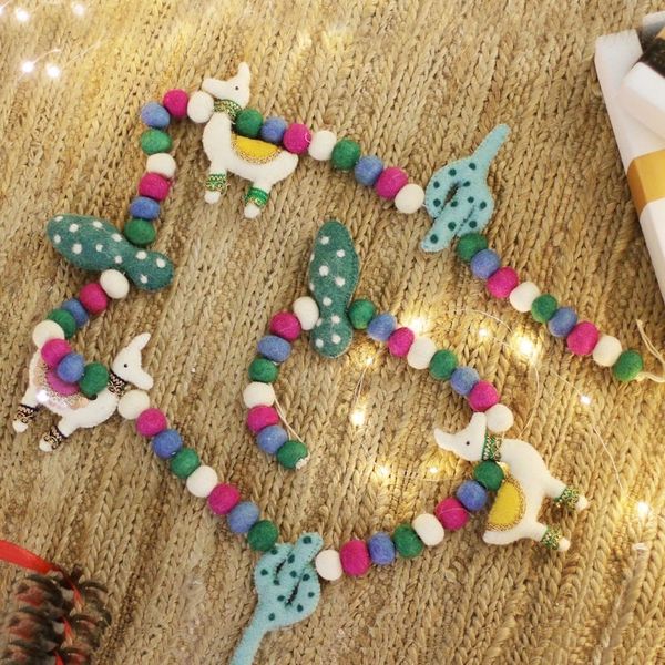 Alternate image for Colorful Llama and Cactus-Themed Wool Felt Garland Festive Llamas