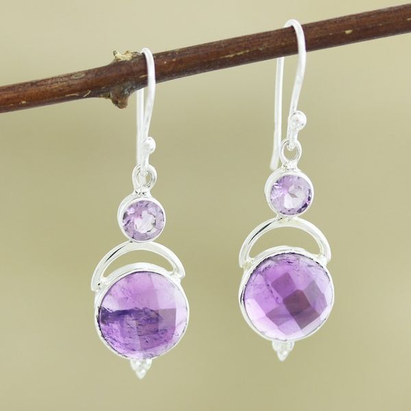 Alternate image for Handmade Sterling Silver Amethyst Dangle Earrings India Alluring Serenity in Lilac