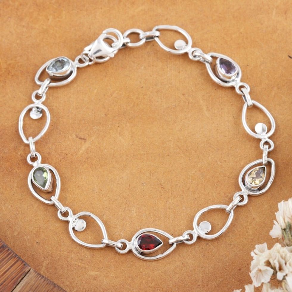Multi-gemstone Sterling Silver Link Bracelet from India 'Charming Colors'