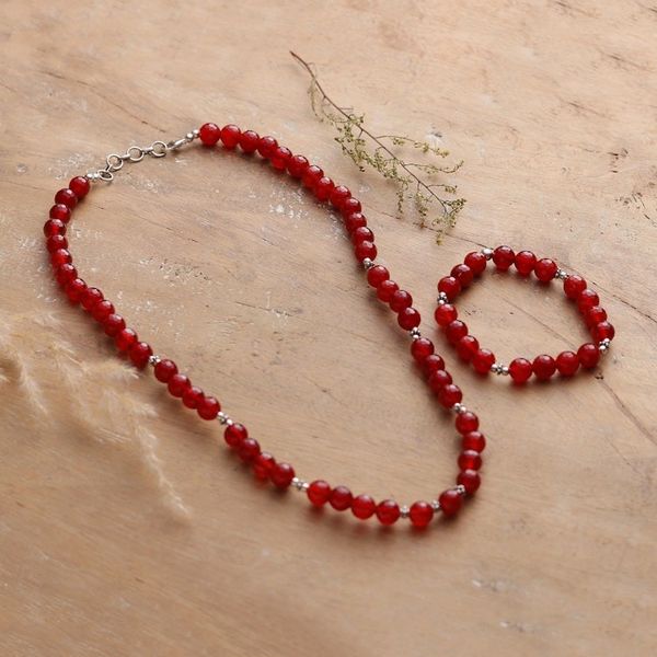 Alternate image for Carnelian Beaded Necklace and Bracelet Jewelry Set Beads of Bravery