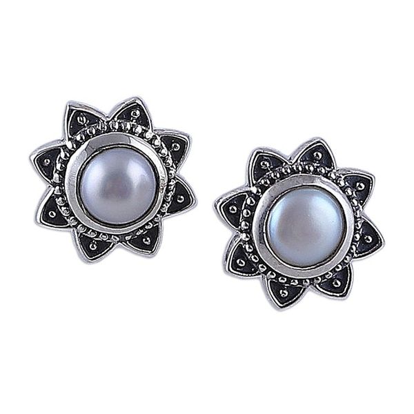 Alternate image for Flower-Shaped Sterling Silver and Pearl Button Earrings Pure Blossom