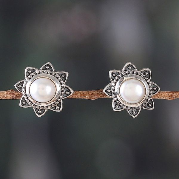 Alternate image for Flower-Shaped Sterling Silver and Pearl Button Earrings Pure Blossom