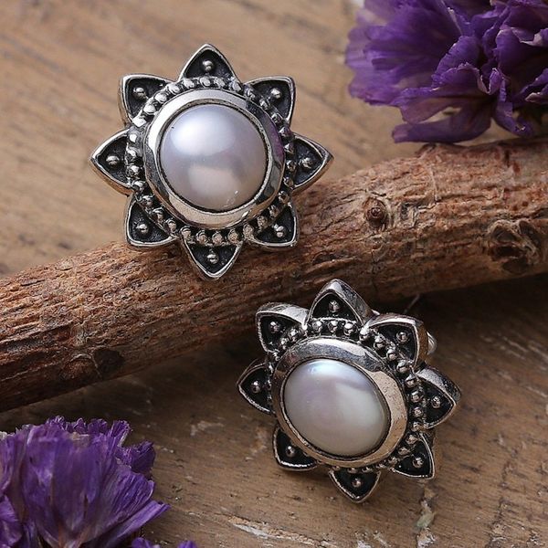 Alternate image for Flower-Shaped Sterling Silver and Pearl Button Earrings Pure Blossom