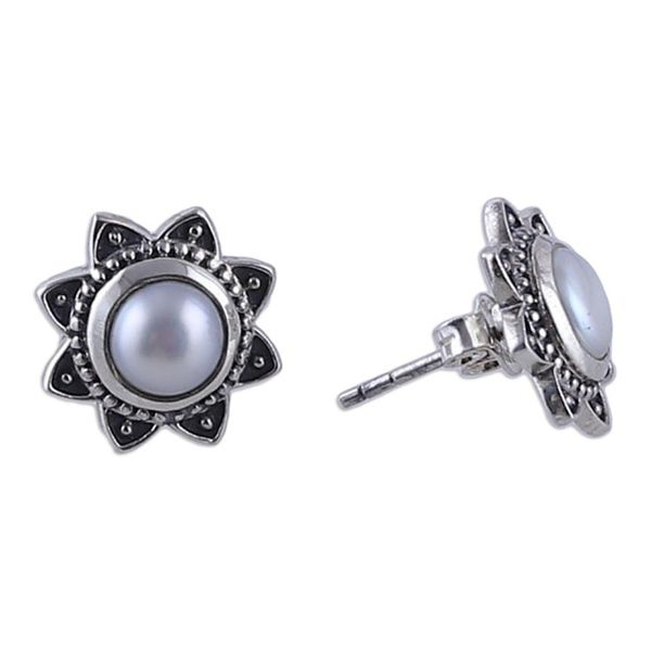 Alternate image for Flower-Shaped Sterling Silver and Pearl Button Earrings Pure Blossom