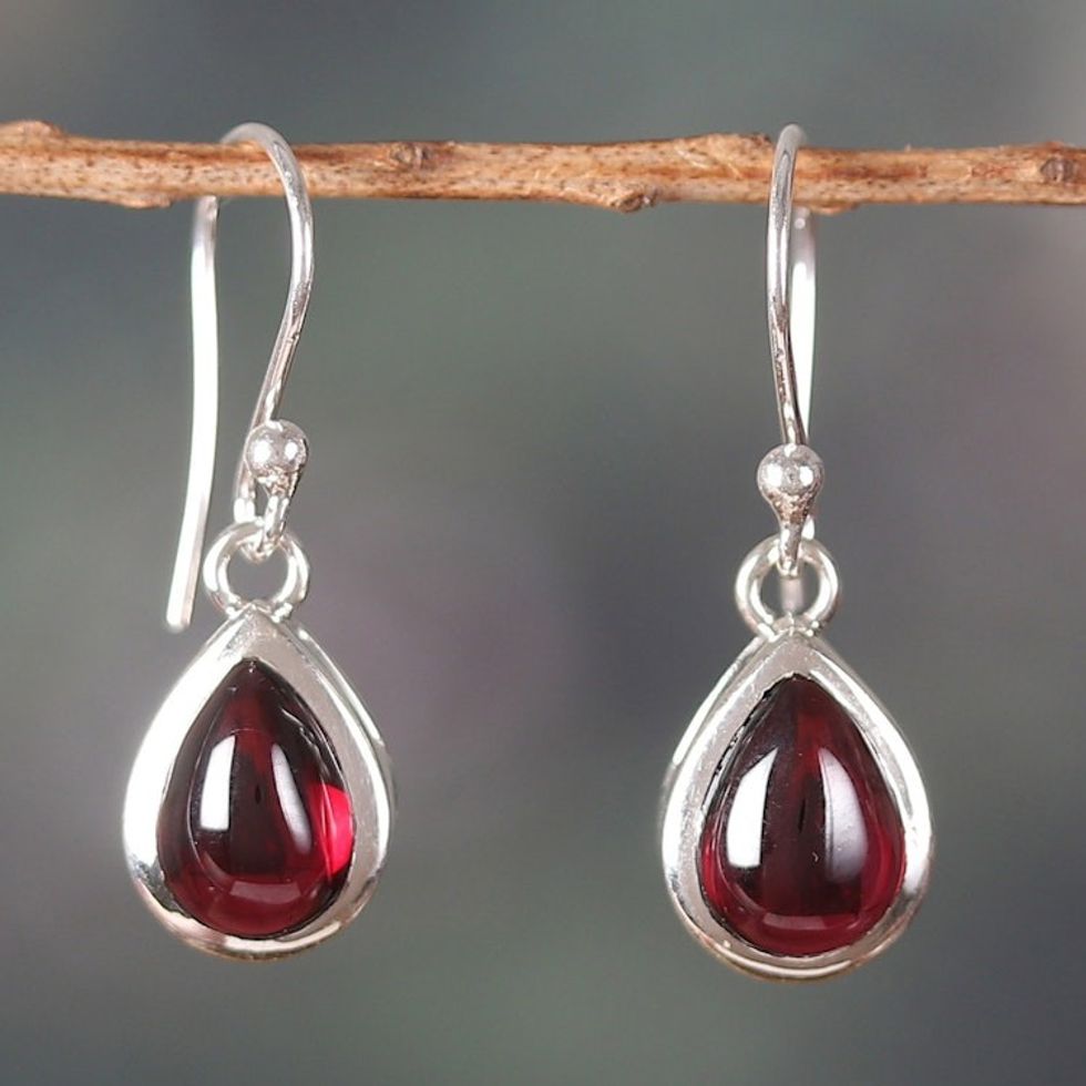 Polished Drop-Shaped Garnet Dangle Earrings from India 'Radiant Droplets'