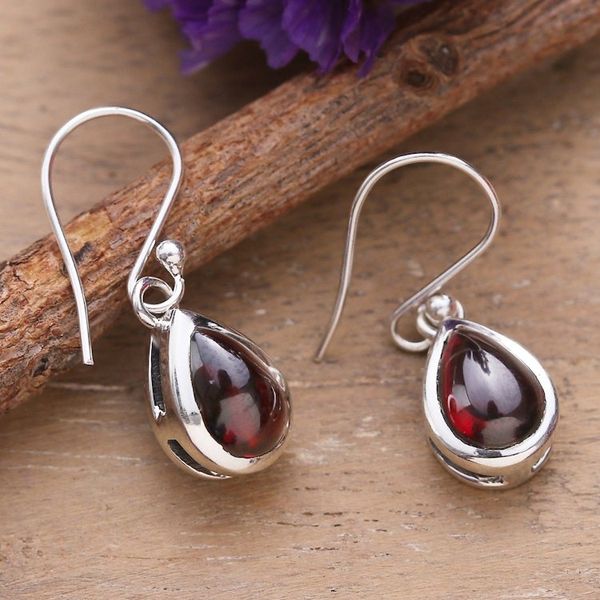 Alternate image for Polished Drop-Shaped Garnet Dangle Earrings from India Radiant Droplets
