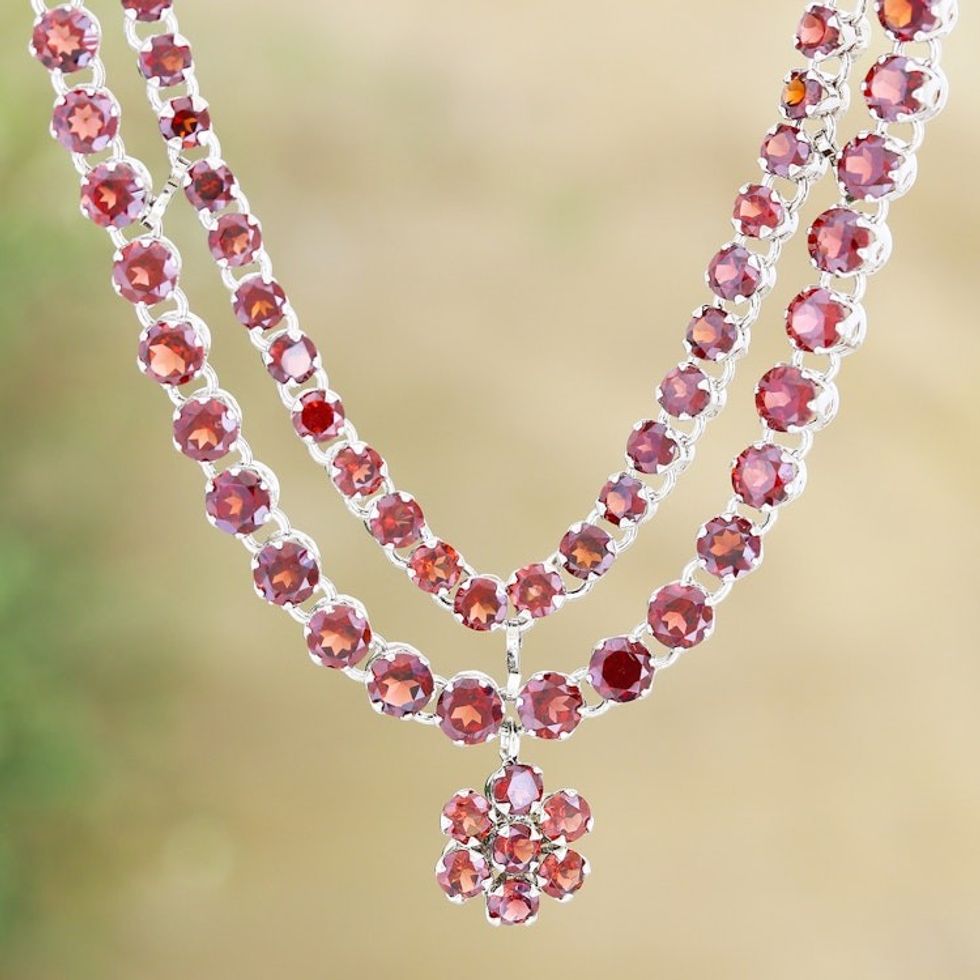 Rhodium-Plated Garnet Pendant Necklace from India 'Lavish Crimson'
