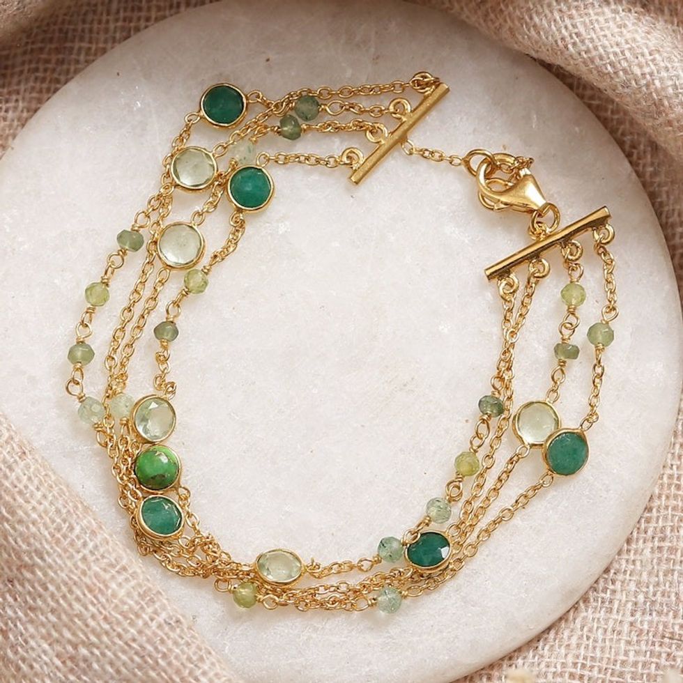 18k Gold-Plated Multi-Gemstone Strand Bracelet from India 'Green Symphony'