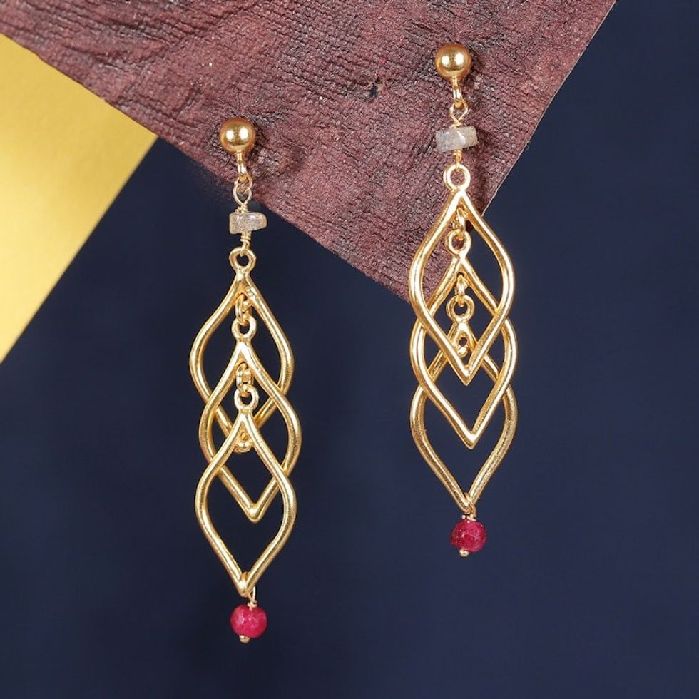Leafy 22k Gold-Plated Labradorite and Quartz Dangle Earrings 'Golden Fall'