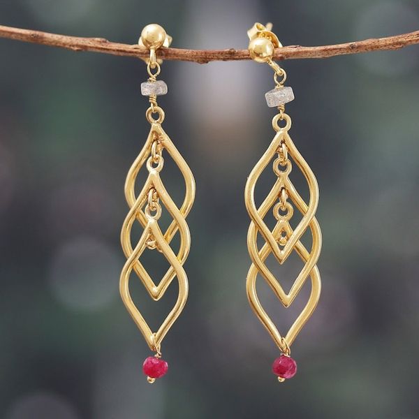 Alternate image for Leafy 22k Gold-Plated Labradorite and Quartz Dangle Earrings Golden Fall