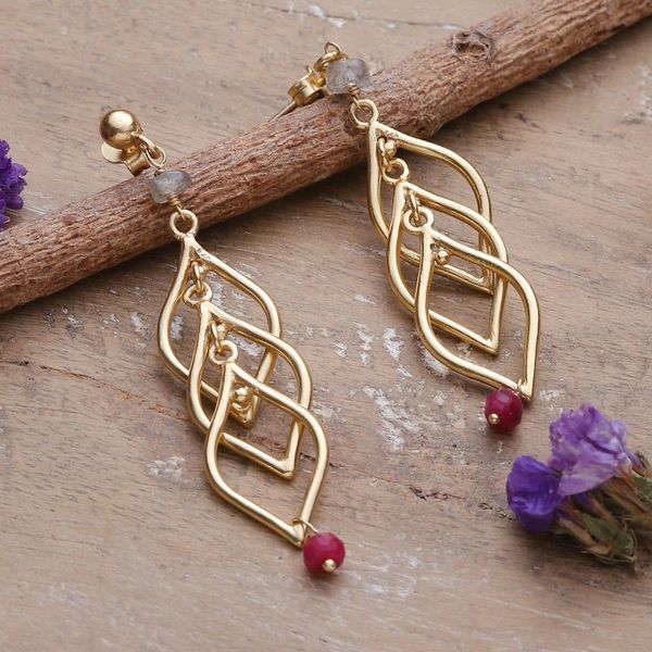 Alternate image for Leafy 22k Gold-Plated Labradorite and Quartz Dangle Earrings Golden Fall