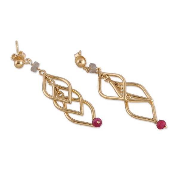 Alternate image for Leafy 22k Gold-Plated Labradorite and Quartz Dangle Earrings Golden Fall