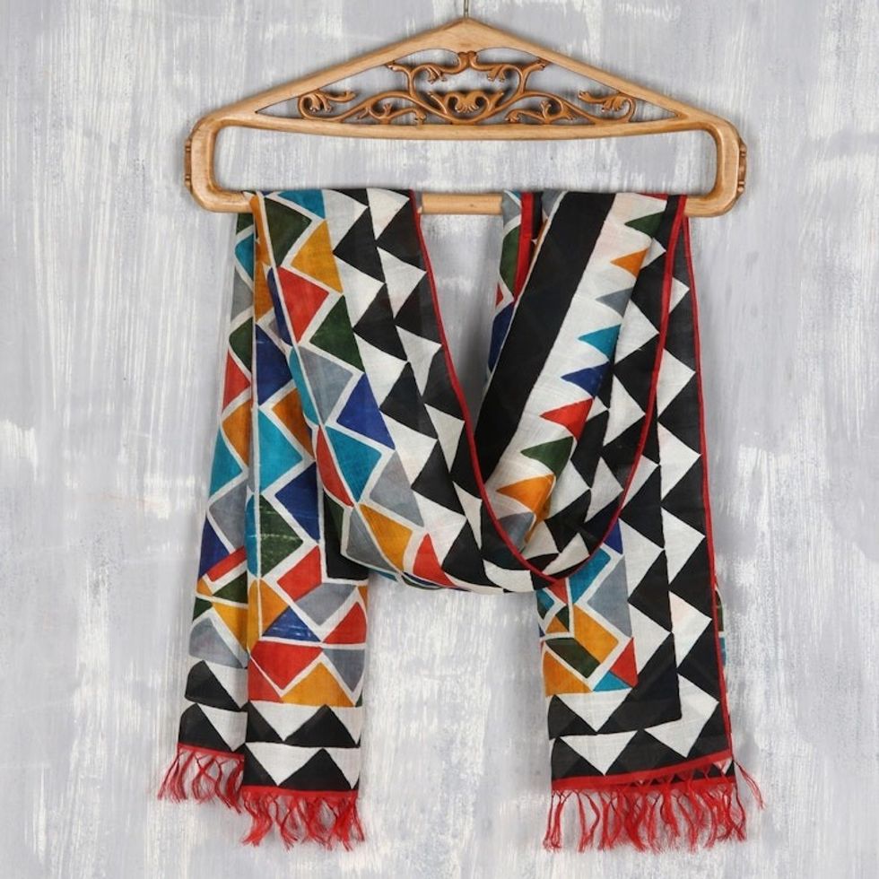Multicolored Hand Painted Pure Silk Scarf 'Hill Reflection'