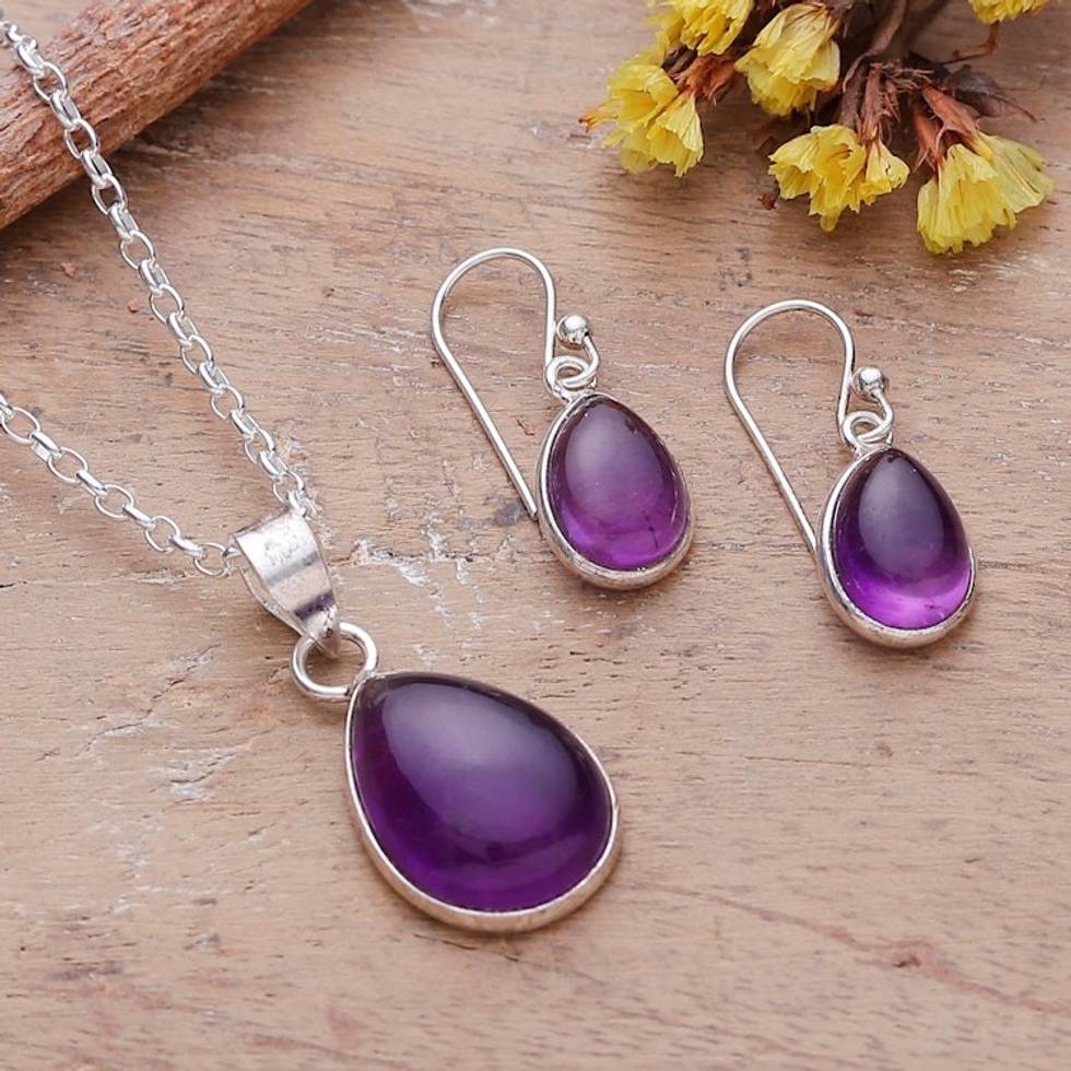 Amethyst Cabochon Pendant Necklace and Earrings Jewelry Set 'Blissful Amethyst'
