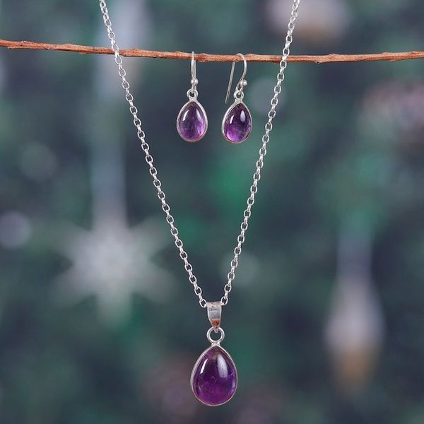 Alternate image for Amethyst Cabochon Pendant Necklace and Earrings Jewelry Set Blissful Amethyst