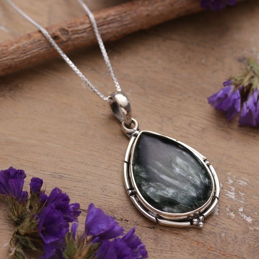 Drop-Shaped Natural Seraphinite Cabochon Pendant Necklace 'Vitality Drop'
