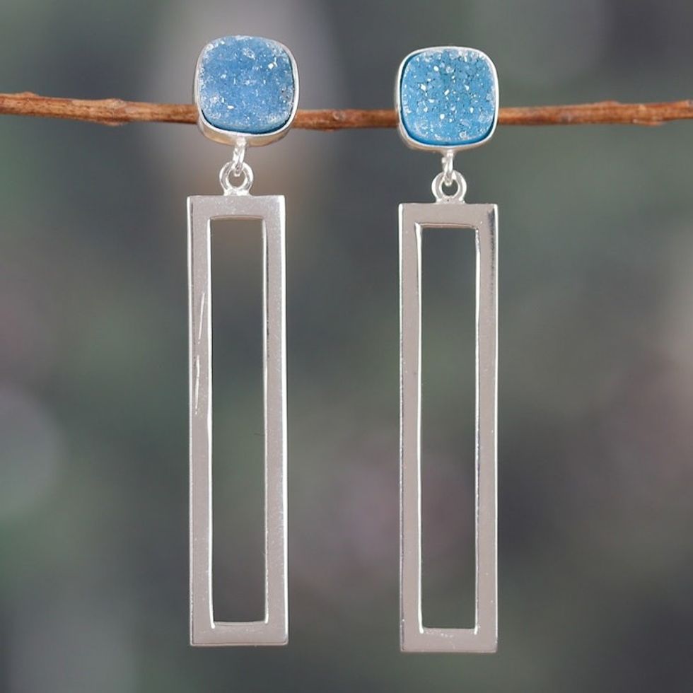 Rectangle Sterling Silver and Drusy Quartz Dangle Earrings 'United Modernity'