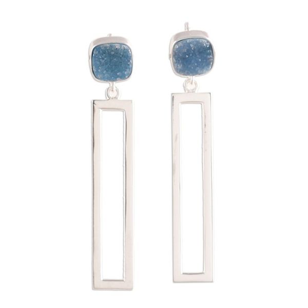 Alternate image for Rectangle Sterling Silver and Drusy Quartz Dangle Earrings United Modernity