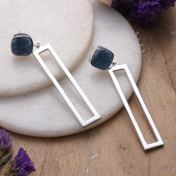 Alternate image for Rectangle Sterling Silver and Drusy Quartz Dangle Earrings United Modernity