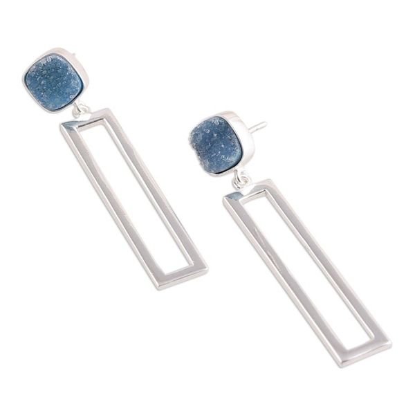 Alternate image for Rectangle Sterling Silver and Drusy Quartz Dangle Earrings United Modernity
