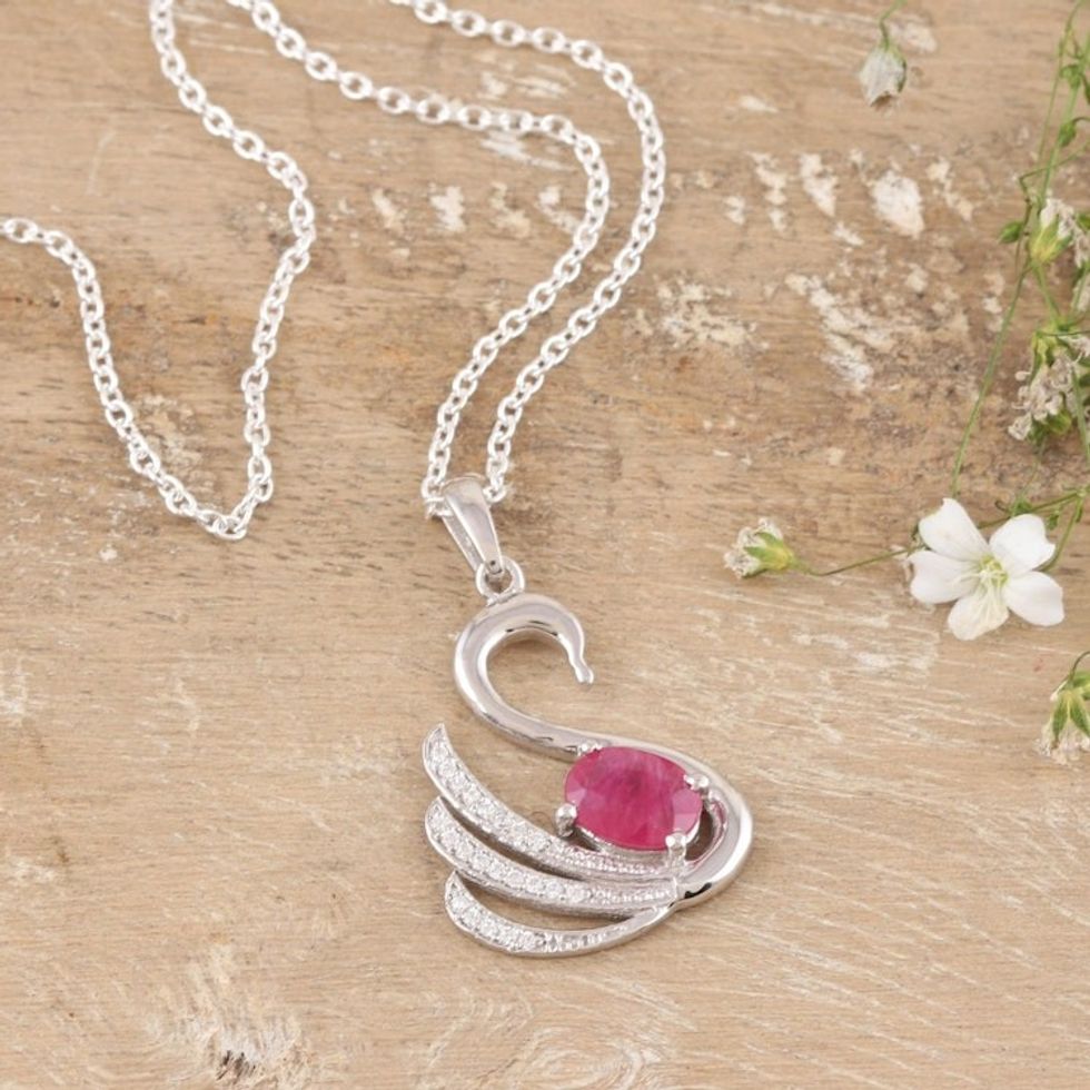 Rhodium-Plated Ruby and Cubic Zirconia Swan Necklace 'Swan Princess'