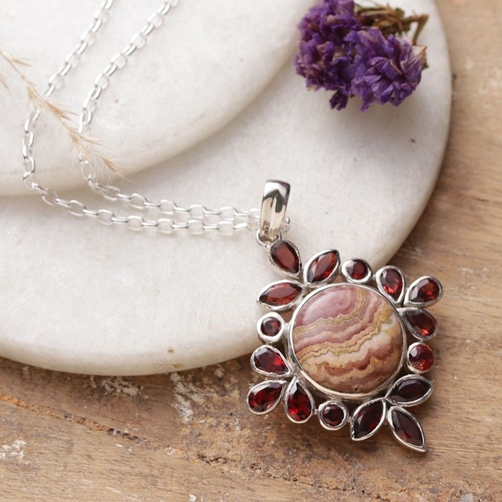 Rhodochrosite and Garnet Sterling Silver Pendant Necklace 'Sweet Fascination'