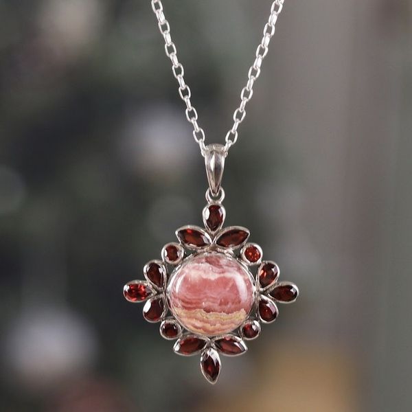 Alternate image for Rhodochrosite and Garnet Sterling Silver Pendant Necklace Sweet Fascination