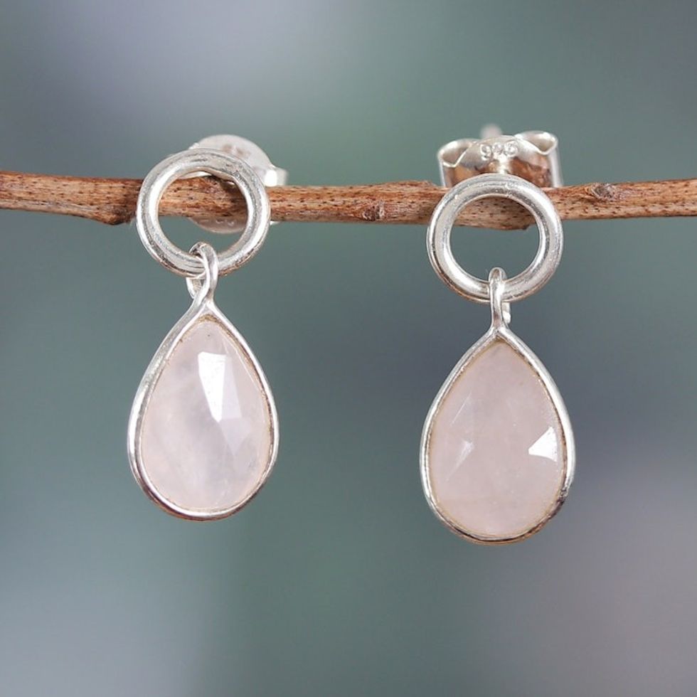 Four-Carat Rose Quartz and Sterling Silver Dangle Earrings 'Gentle Rain'