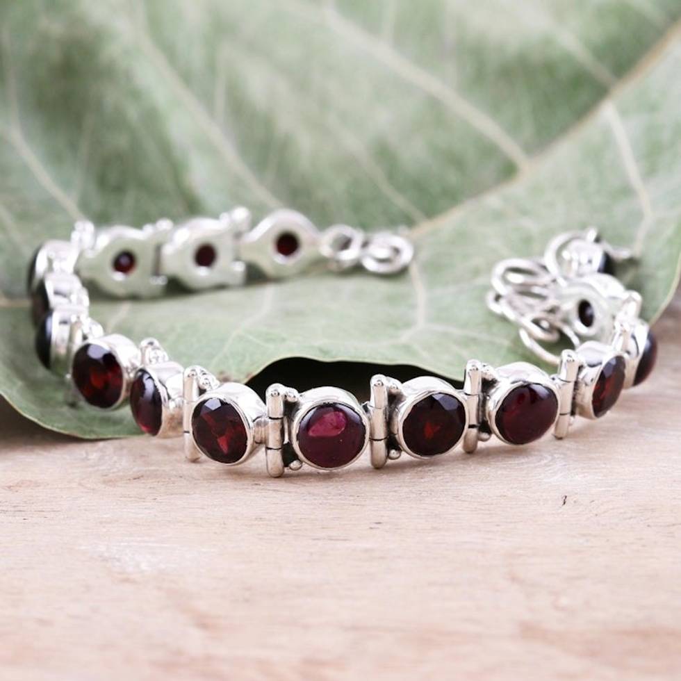 Garnet and Sterling Silver Tennis Bracelet 'Radiant Crown'