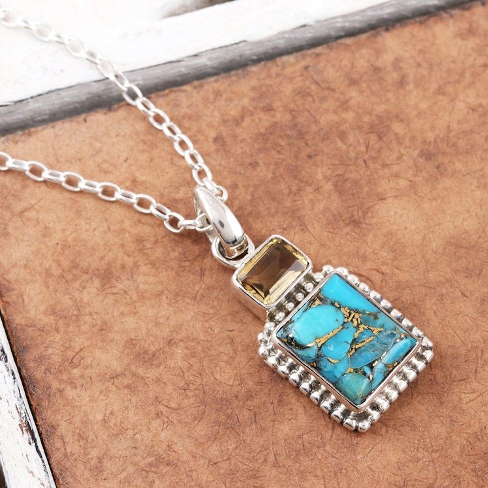 Hand Made Citrine and Sterling Silver Pendant Necklace 'Day Party in Blue'