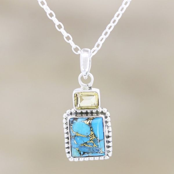 Alternate image for Hand Made Citrine and Sterling Silver Pendant Necklace Day Party in Blue