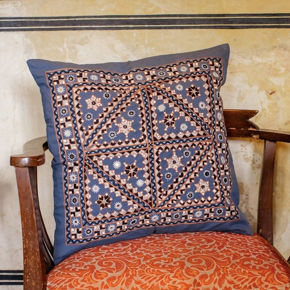 Embroidered Geometric Blue Cotton Cushion Cover from India 'Azure Constellation'