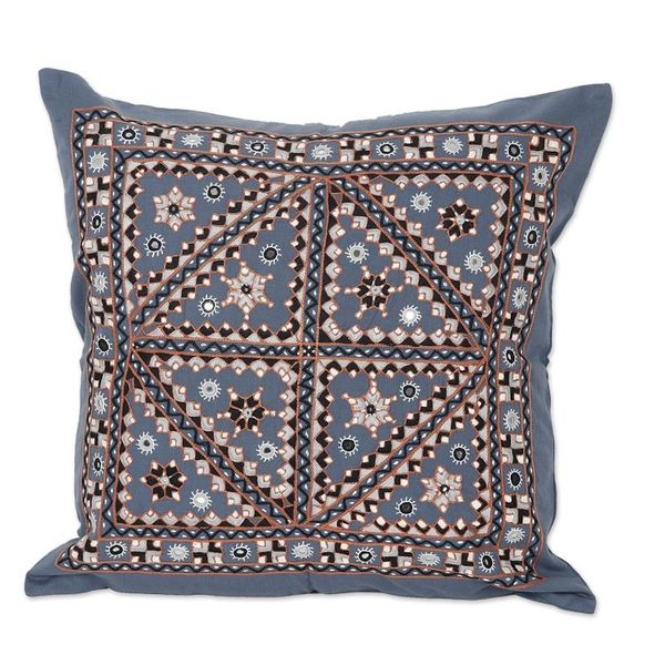 Alternate image for Embroidered Geometric Blue Cotton Cushion Cover from India Azure Constellation