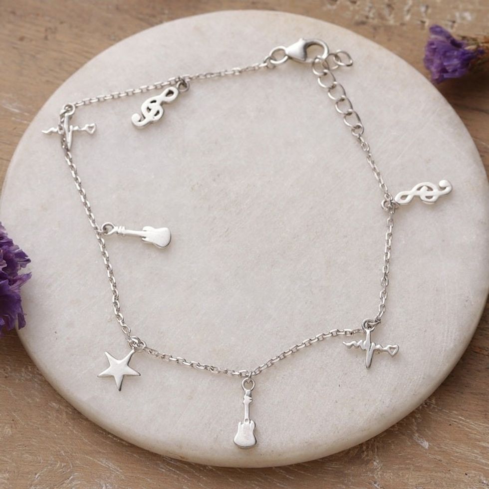 Music-Themed High-Polished Sterling Silver Charm Bracelet 'Musical Beats'