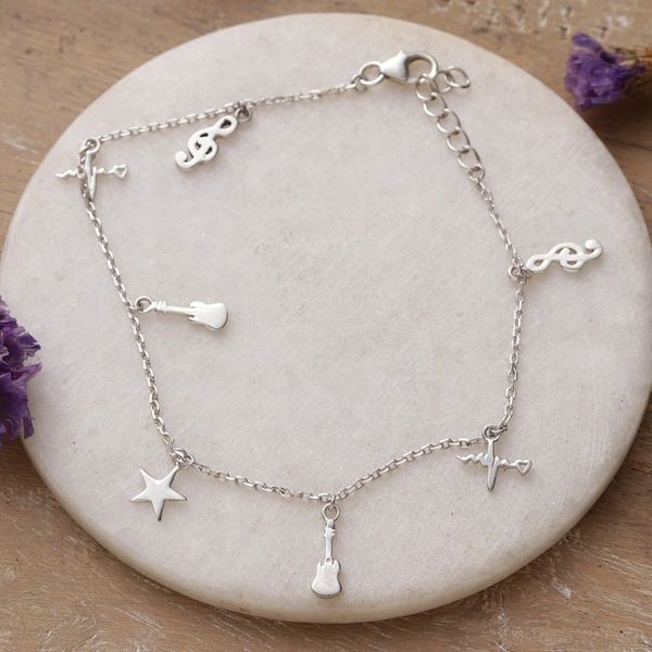 Alternate image for Music-Themed High-Polished Sterling Silver Charm Bracelet Musical Beats