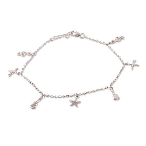 Alternate image for Music-Themed High-Polished Sterling Silver Charm Bracelet Musical Beats