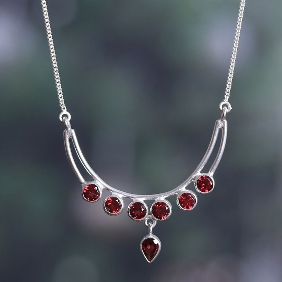 Polished Sterling Silver and Natural Garnet Pendant Necklace 'Passionate Crescent'