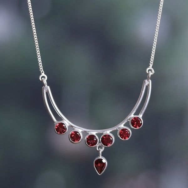 Alternate image for Polished Sterling Silver and Natural Garnet Pendant Necklace Passionate Crescent