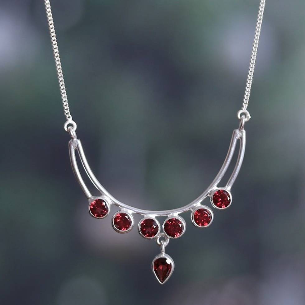 Polished Sterling Silver and Natural Garnet Pendant Necklace 'Passionate Crescent'