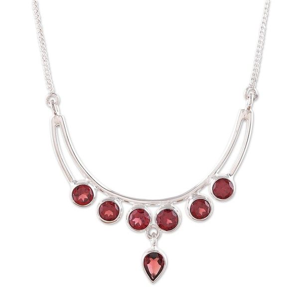 Alternate image for Polished Sterling Silver and Natural Garnet Pendant Necklace Passionate Crescent