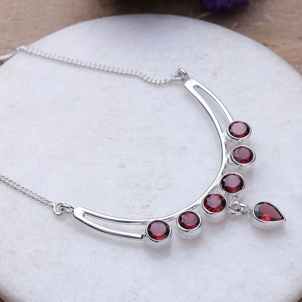 Alternate image for Polished Sterling Silver and Natural Garnet Pendant Necklace Passionate Crescent