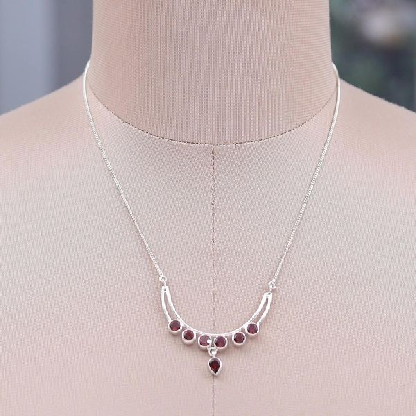 Alternate image for Polished Sterling Silver and Natural Garnet Pendant Necklace Passionate Crescent