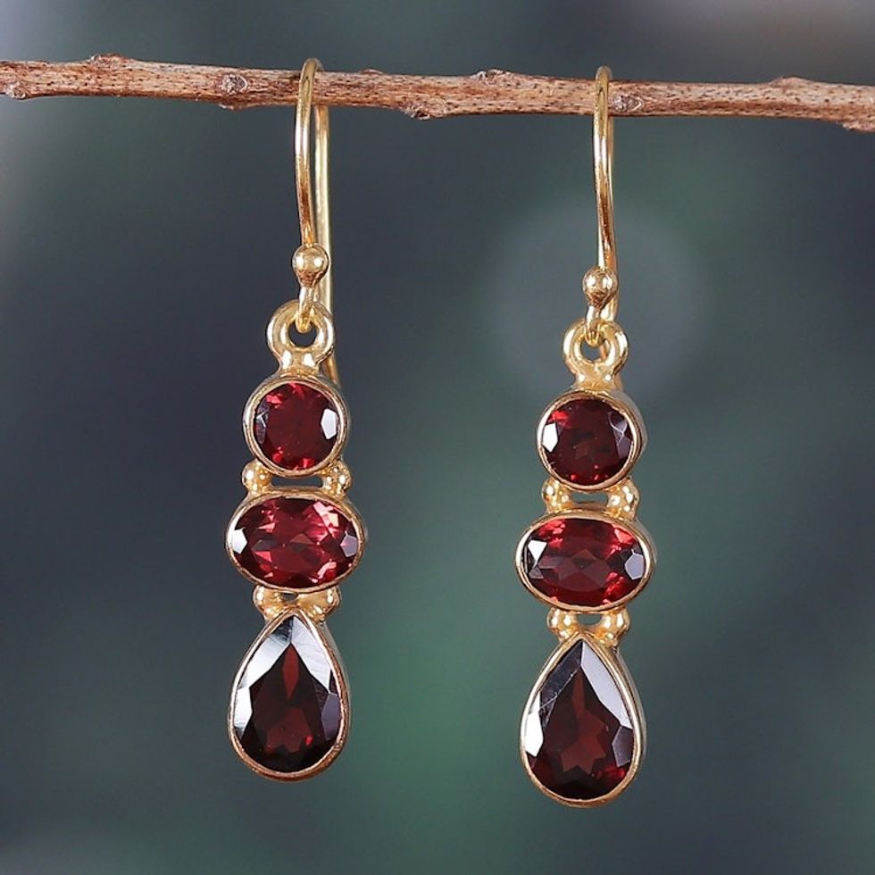 22k Gold-Plated Dangle Earrings with 6-Carat Garnet Gems 'Crimson Dazzle'